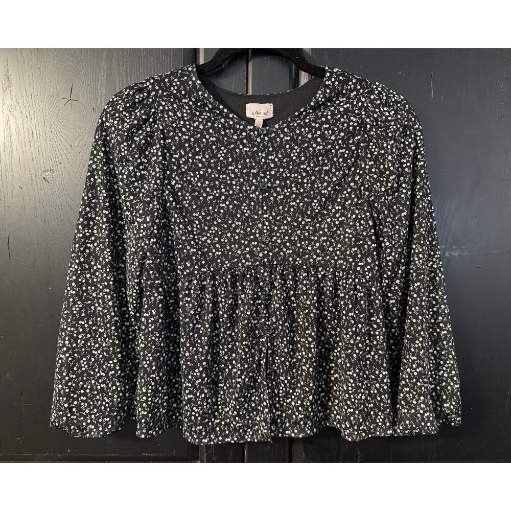 Willow+Root Black White Floral Button Front Round Neck 3/4 Sleeve Blouse L